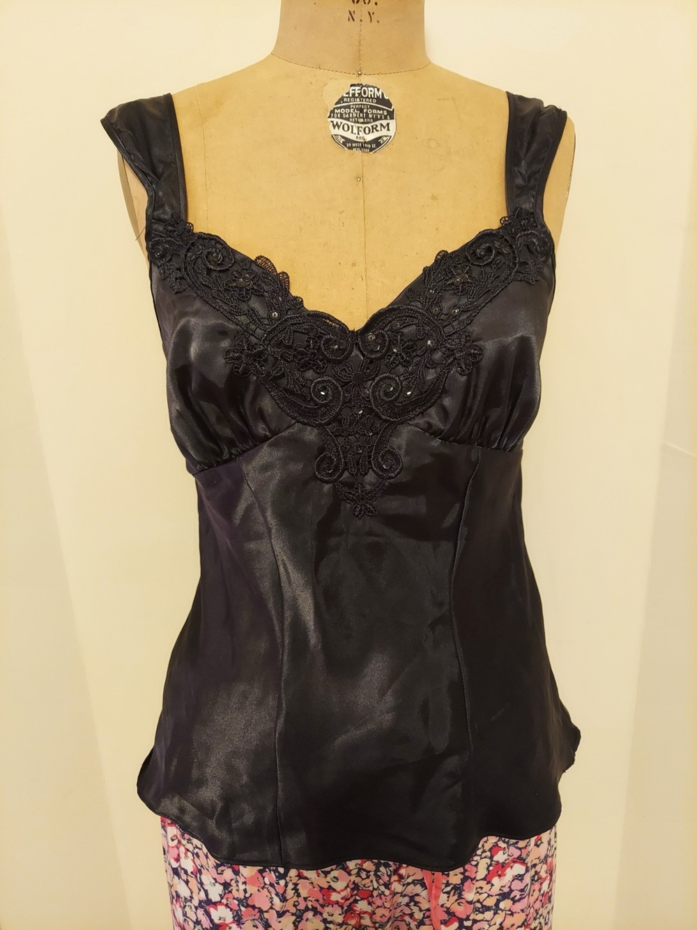 Black Satin Lace-Trim Cami by